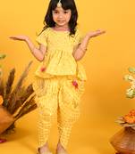 Saka designs yellow and gold jhabla & dhoti with pom pom and lace detalling