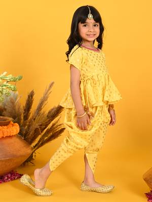 Saka designs yellow and gold jhabla & dhoti with pom pom and lace detalling 3