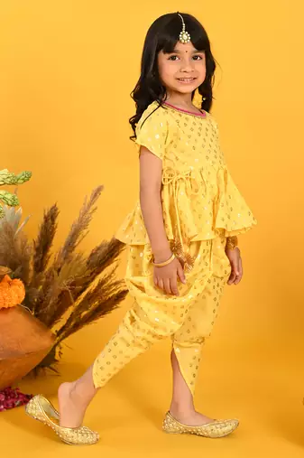 Saka designs yellow and gold jhabla & dhoti with pom pom and lace detalling