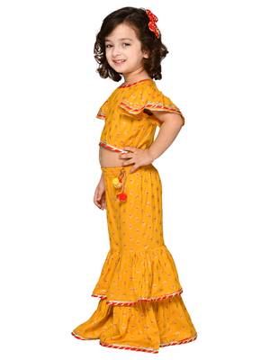 Saka designs girl mustard top and sharara with lace detailing and tassels 2