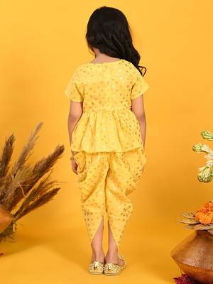 Saka designs yellow and gold jhabla & dhoti with pom pom and lace detalling 4