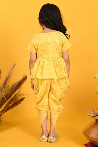 Saka designs yellow and gold jhabla & dhoti with pom pom and lace detalling