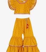 Saka designs girl mustard top and sharara with lace detailing and tassels
