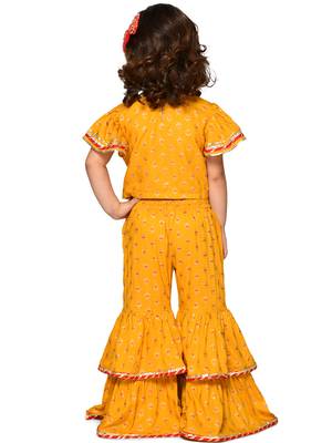 Saka designs girl mustard top and sharara with lace detailing and tassels 3