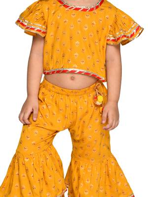 Saka designs girl mustard top and sharara with lace detailing and tassels 4