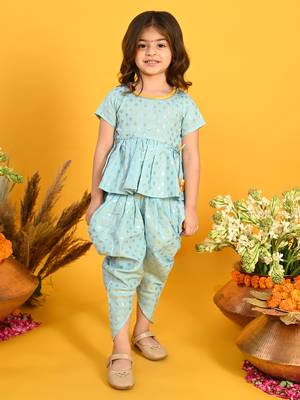Saka designs sky blue and gold jhabla & dhoti with pom pom and lace detalling 1
