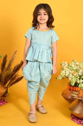 Saka designs sky blue and gold jhabla & dhoti with pom pom and lace detalling