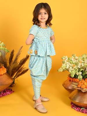 Saka designs sky blue and gold jhabla & dhoti with pom pom and lace detalling 2