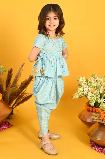 Saka designs sky blue and gold jhabla & dhoti with pom pom and lace detalling