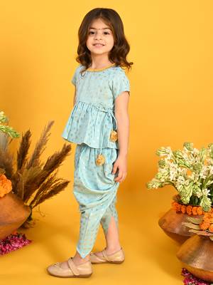 Saka designs sky blue and gold jhabla & dhoti with pom pom and lace detalling 3