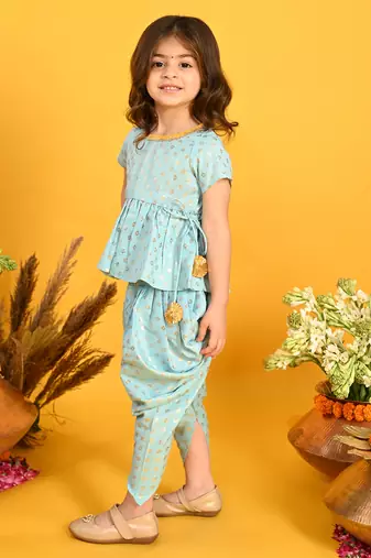 Saka designs sky blue and gold jhabla & dhoti with pom pom and lace detalling