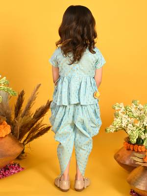 Saka designs sky blue and gold jhabla & dhoti with pom pom and lace detalling 4