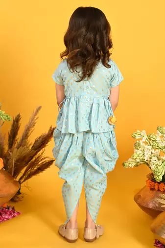 Saka designs sky blue and gold jhabla & dhoti with pom pom and lace detalling