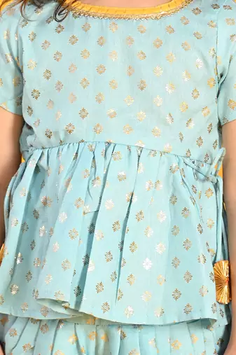 Saka designs sky blue and gold jhabla & dhoti with pom pom and lace detalling