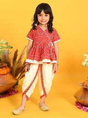 Saka designs bandhani red and white cotton printed dhoti peplum for girls 1