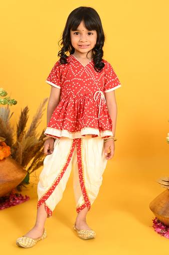 Saka designs bandhani red and white cotton printed dhoti peplum for girls