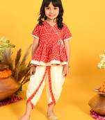 Saka designs bandhani red and white cotton printed dhoti peplum for girls
