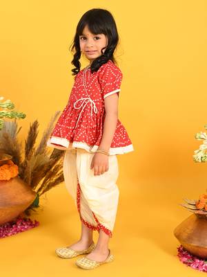 Saka designs bandhani red and white cotton printed dhoti peplum for girls 2