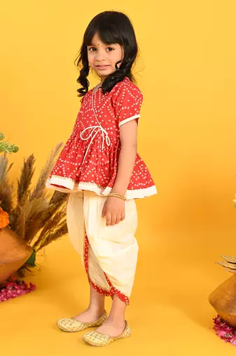 Saka designs bandhani red and white cotton printed dhoti peplum for girls