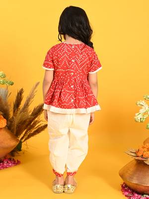 Saka designs bandhani red and white cotton printed dhoti peplum for girls 3