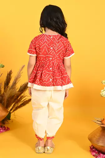 Saka designs bandhani red and white cotton printed dhoti peplum for girls