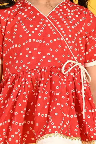 Saka designs bandhani red and white cotton printed dhoti peplum for girls