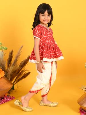 Saka designs bandhani red and white cotton printed dhoti peplum for girls 5