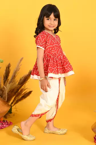 Saka designs bandhani red and white cotton printed dhoti peplum for girls