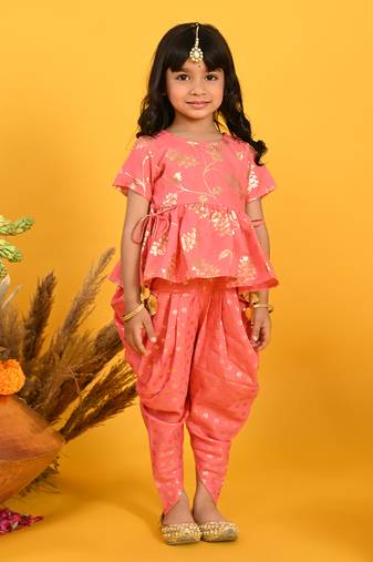 Saka designs dark peach with gold print dhoti jhabala
