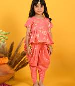 Saka designs dark peach with gold print dhoti jhabala