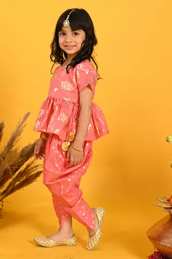 Saka designs dark peach with gold print dhoti jhabala