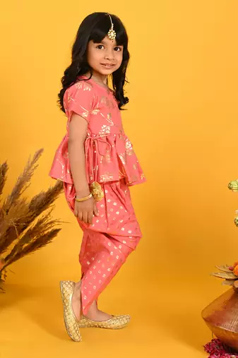 Saka designs dark peach with gold print dhoti jhabala