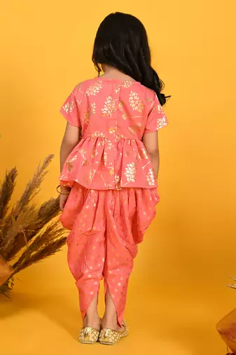 Saka designs dark peach with gold print dhoti jhabala