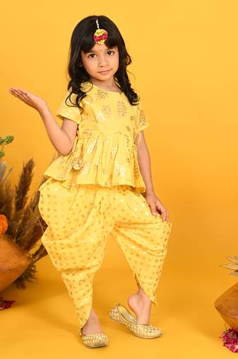Saka designs yellow with gold print dhoti jhabala