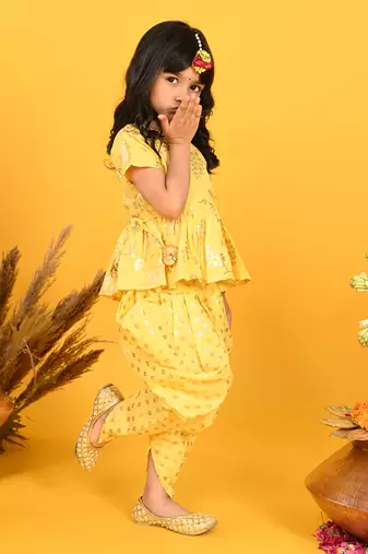 Saka designs yellow with gold print dhoti jhabala