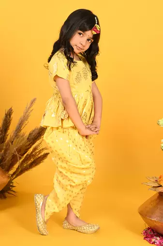 Saka designs yellow with gold print dhoti jhabala