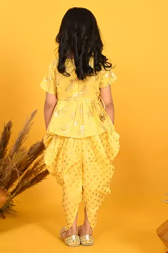 Saka designs yellow with gold print dhoti jhabala