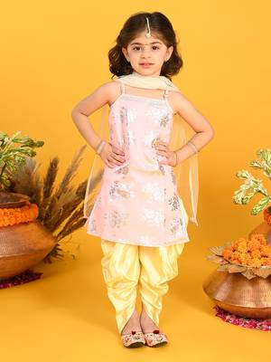 Saka designs girls mauve & yellow printed kurta dhoti with dupatta 1