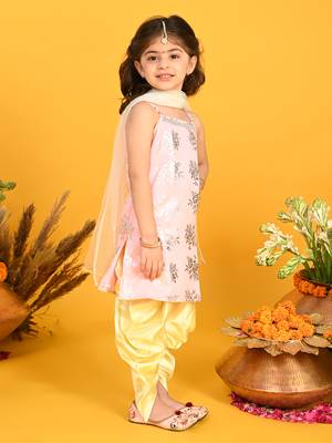 Saka designs girls mauve & yellow printed kurta dhoti with dupatta 2