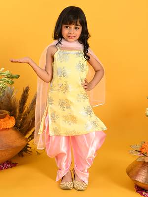 Saka designs girls yellow & pink printed kurta dhoti with dupatta 1