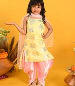 Saka designs girls yellow & pink printed kurta dhoti with dupatta