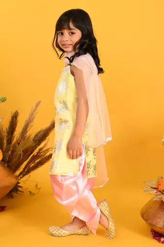 Saka designs girls yellow & pink printed kurta dhoti with dupatta