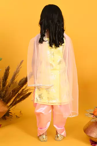 Saka designs girls yellow & pink printed kurta dhoti with dupatta