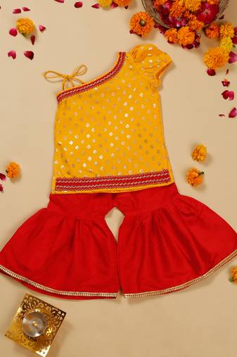 Saka design orange and red poly cotton sharara kurta for girls
