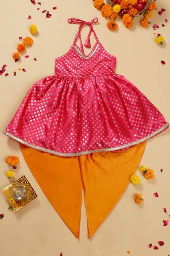 Saka designs magenta gold and orange halter neck dhoti jhabla