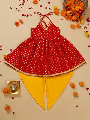 Saka designs red and yellow halter neck dhoti jhabla for girls 1