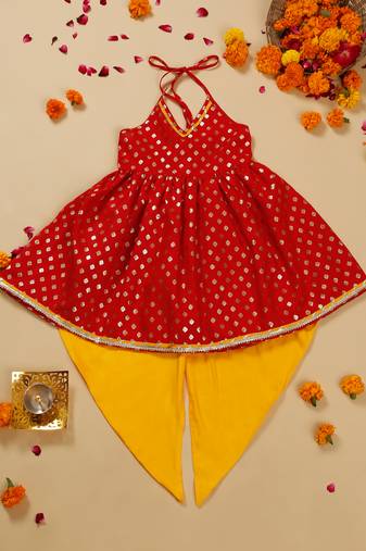 Saka designs red and yellow halter neck dhoti jhabla for girls