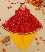 Saka designs red and yellow halter neck dhoti jhabla for girls