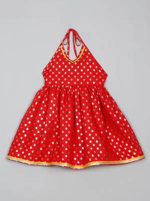 Saka designs red and yellow halter neck dhoti jhabla for girls 2