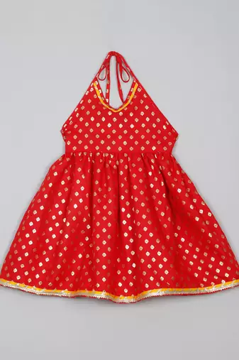 Saka designs red and yellow halter neck dhoti jhabla for girls